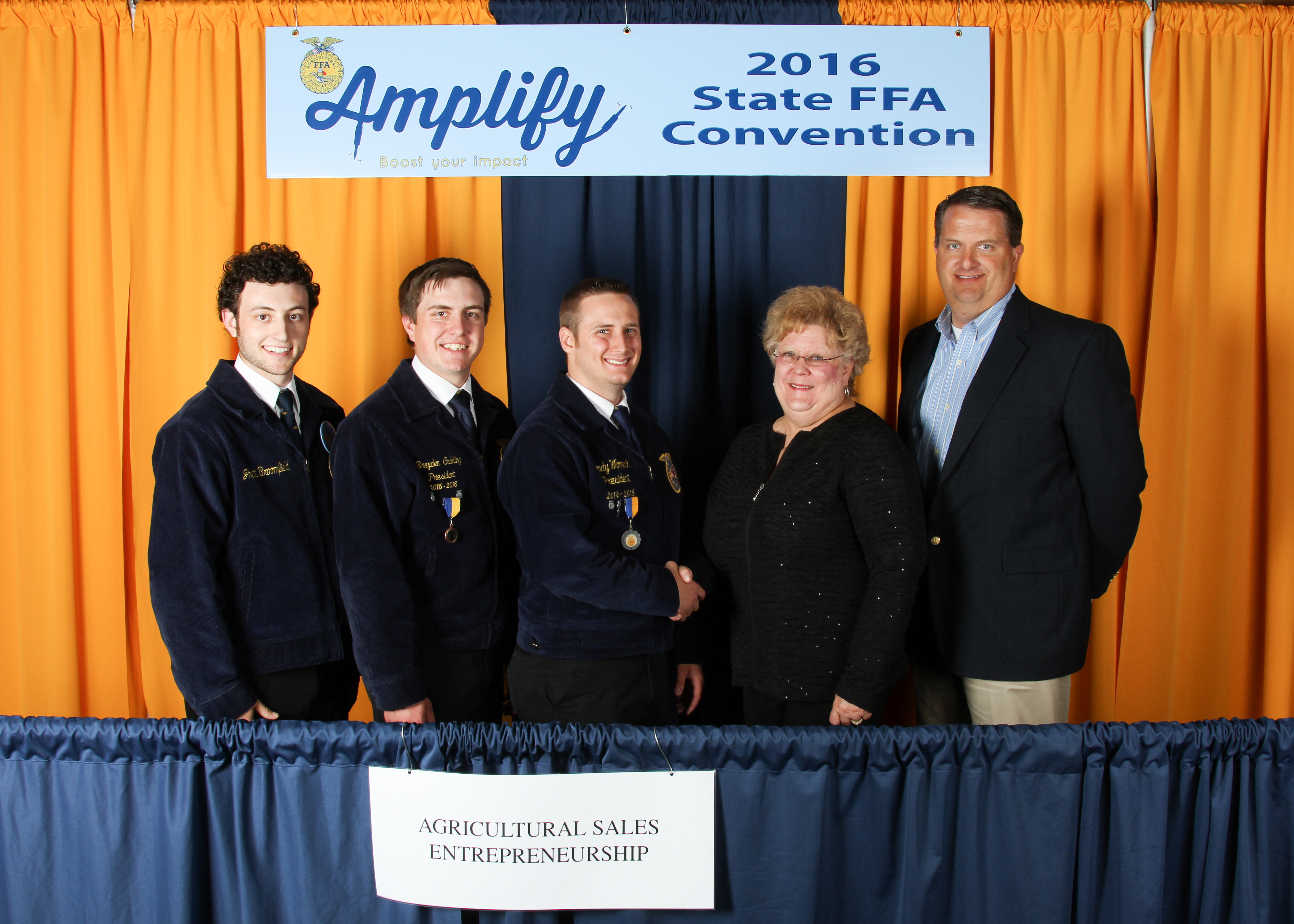 Brady Womack (third from left) of the Morris FFA Chapter captured first-place honors in the 2016 Oklahoma FFA Agricultural Sales Entrepreneurship State Proficiency Award area. Joes Jones (right) of Livingston Machinery and Linda Shepard (second from right) of Pioneer Cellular congratulate Womack as well as Jhett Broomfield (left) of the Hennessey FFA Chapter and Breyden Codding of the Guthrie FFA Chapter, who received second and third place, respectively.